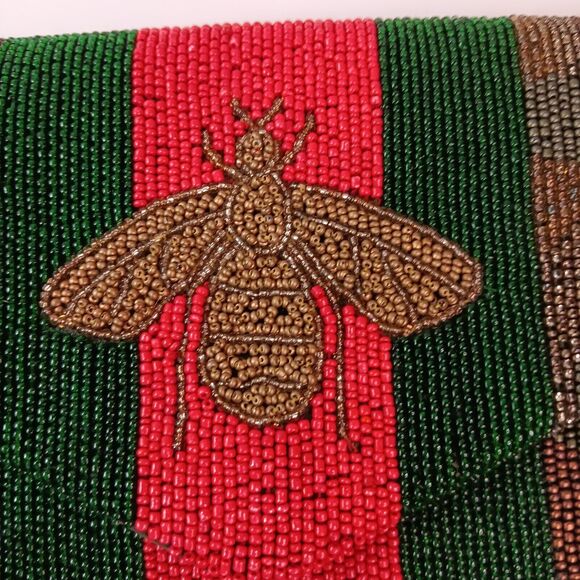 Tiana Beaded Bee Clutch Gold Red Green Stripe Camo Design  Snap Closure 10" x 6" - Picture 4 of 15